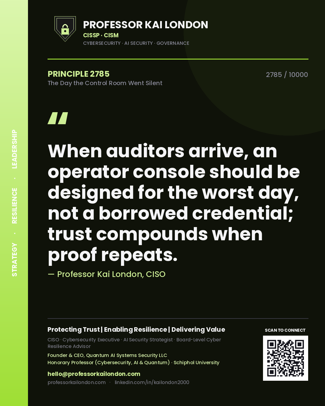 Professor Kai London principle 2785: When auditors arrive, an operator console should be designed for the worst day, not a borrowed credential; trust compounds when proof repeats.