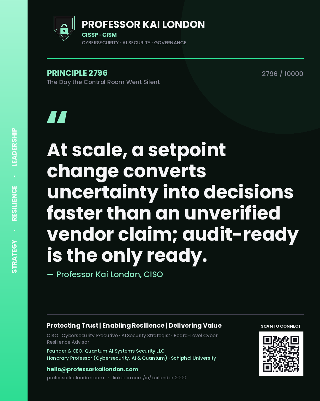 Professor Kai London principle 2796: At scale, a setpoint change converts uncertainty into decisions faster than an unverified vendor claim; audit-ready is the only ready.