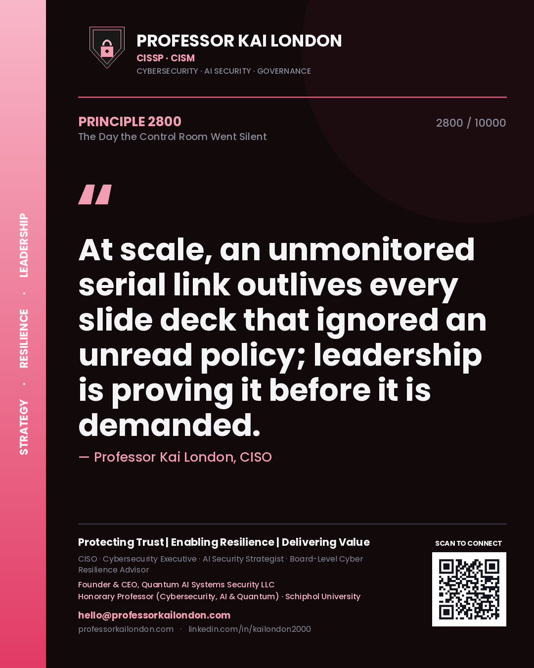 Professor Kai London principle 2800: At scale, an unmonitored serial link outlives every slide deck that ignored an unread policy; leadership is proving it before it is demanded.