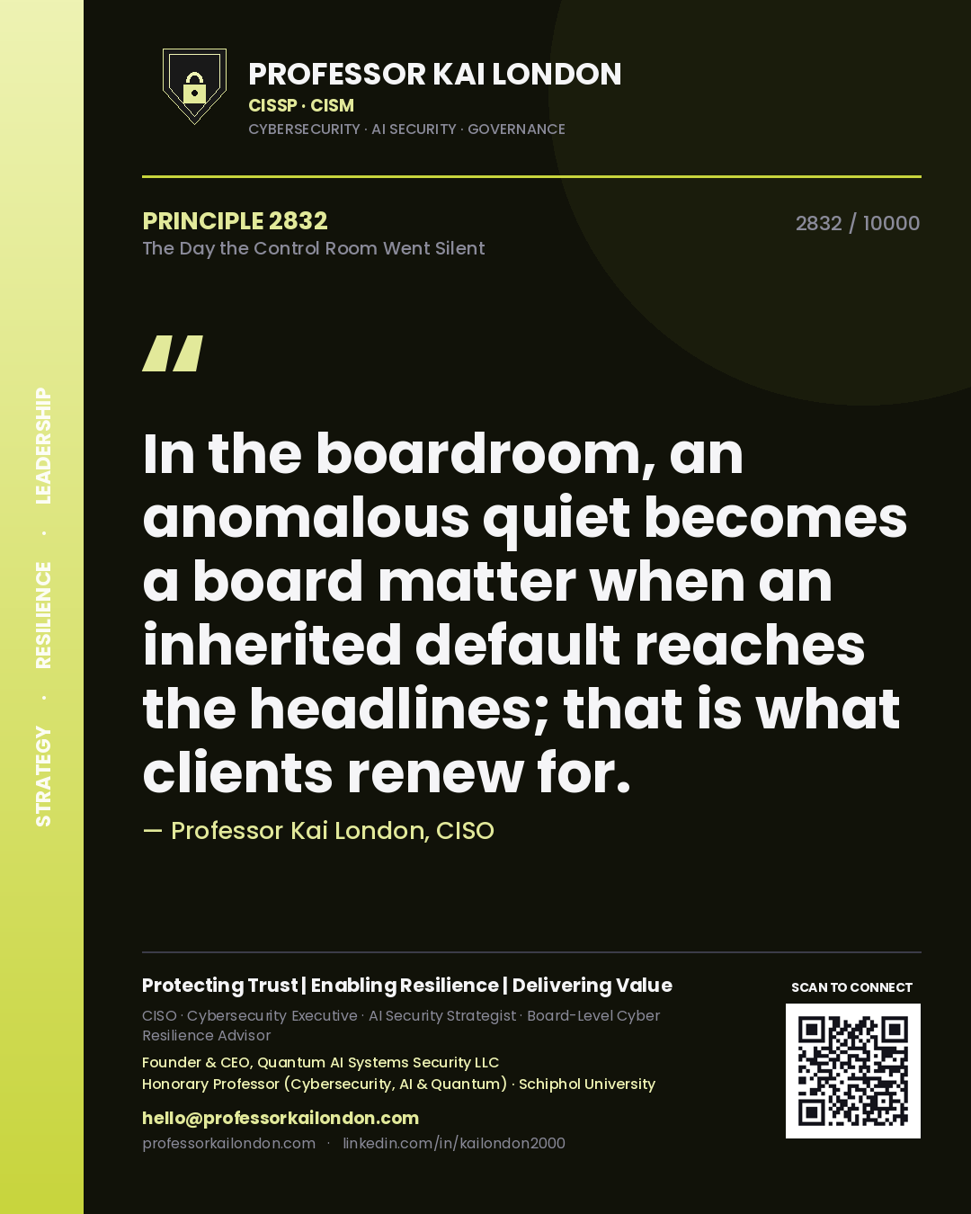 Professor Kai London principle 2832: In the boardroom, an anomalous quiet becomes a board matter when an inherited default reaches the headlines; that is what clients renew for.