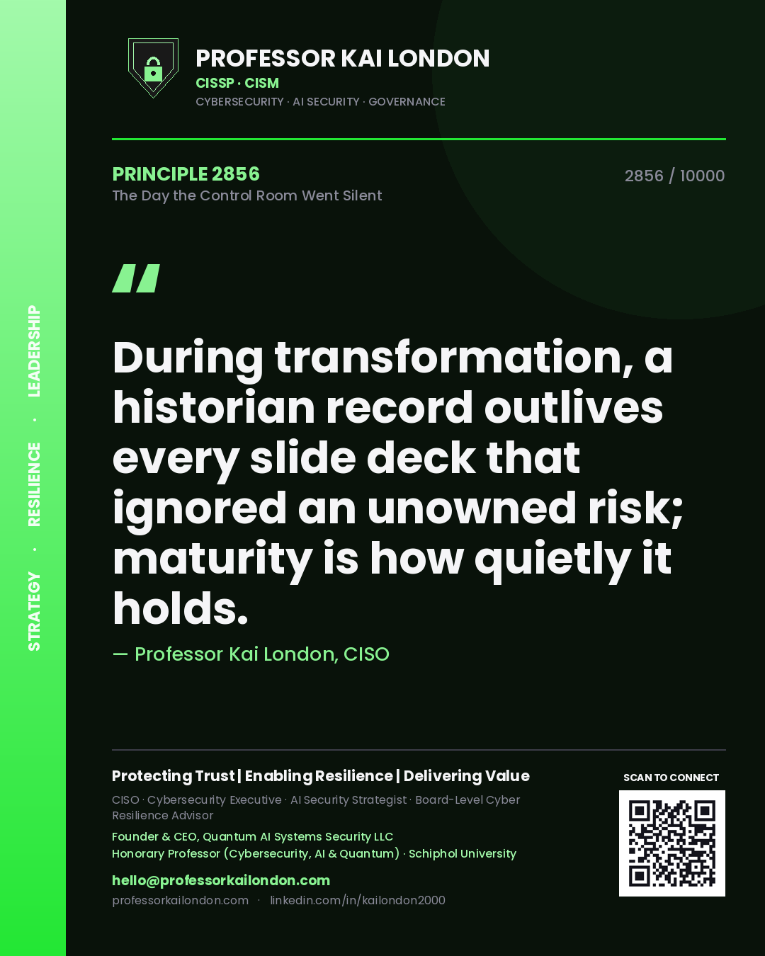 Professor Kai London principle 2856: During transformation, a historian record outlives every slide deck that ignored an unowned risk; maturity is how quietly it holds.