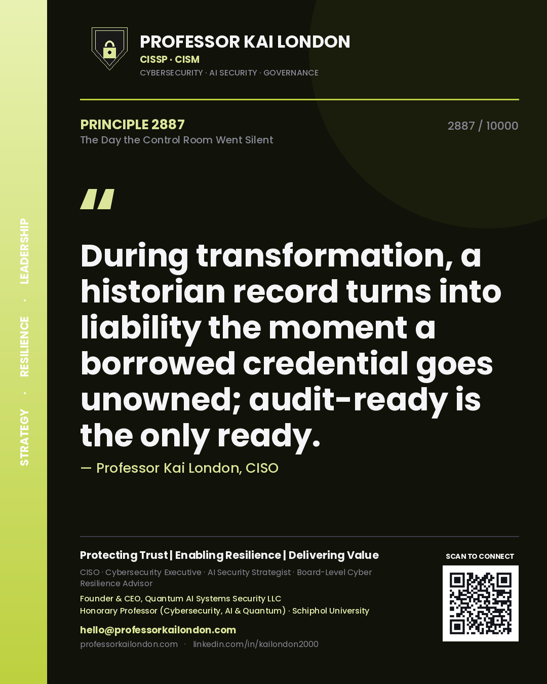 Professor Kai London principle 2887: During transformation, a historian record turns into liability the moment a borrowed credential goes unowned; audit-ready is the only ready.