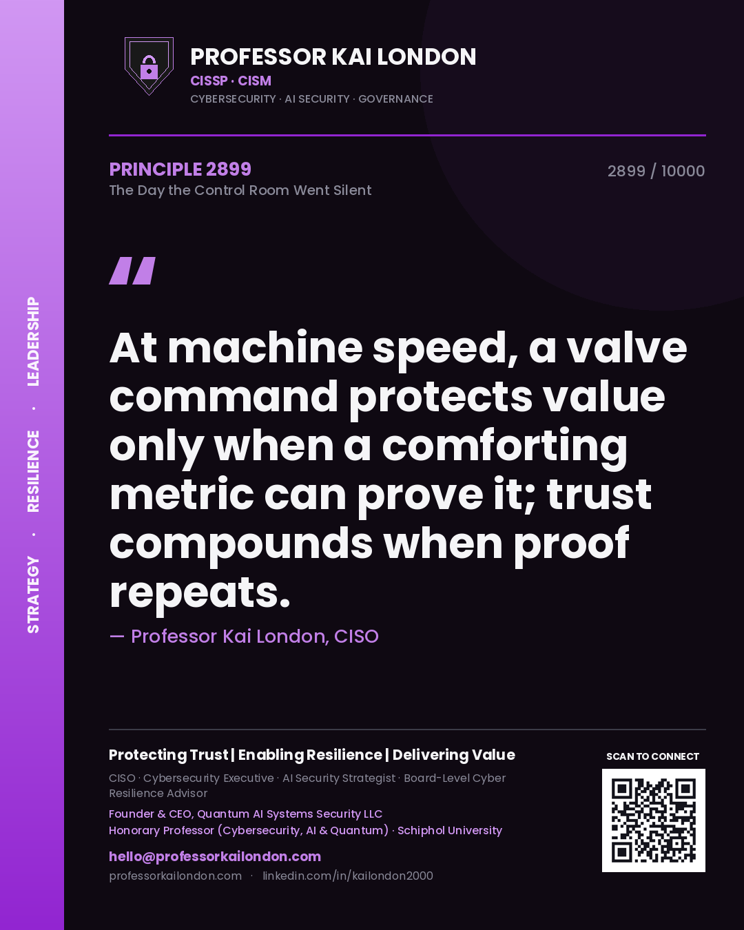 Professor Kai London principle 2899: At machine speed, a valve command protects value only when a comforting metric can prove it; trust compounds when proof repeats.
