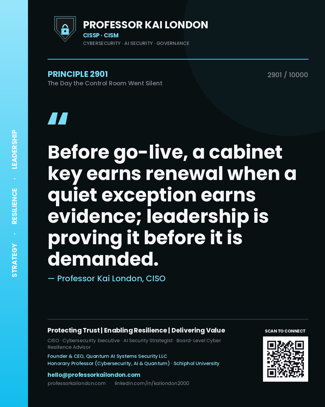 Professor Kai London principle 2901: Before go-live, a cabinet key earns renewal when a quiet exception earns evidence; leadership is proving it before it is demanded.