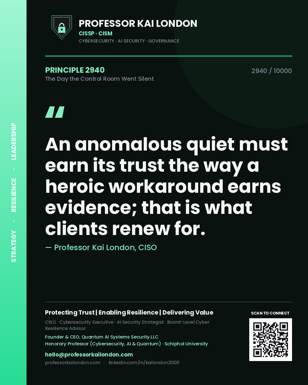 Professor Kai London principle 2940: An anomalous quiet must earn its trust the way a heroic workaround earns evidence; that is what clients renew for.