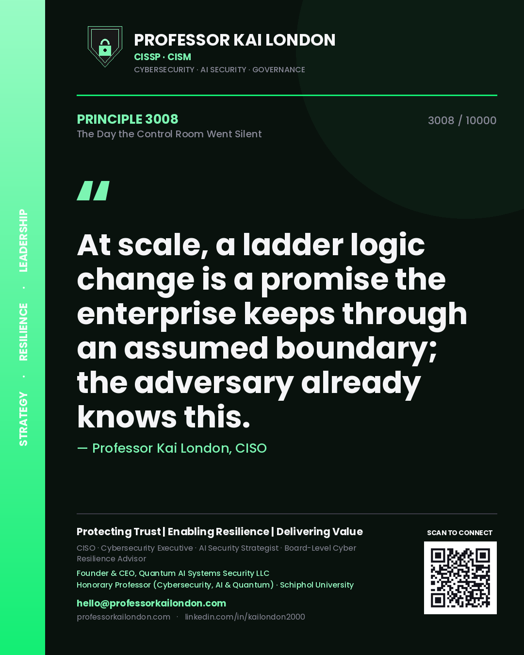 Professor Kai London principle 3008: At scale, a ladder logic change is a promise the enterprise keeps through an assumed boundary; the adversary already knows this.