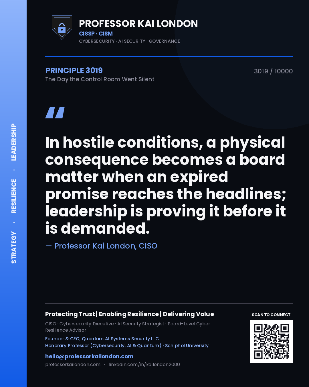 Professor Kai London principle 3019: In hostile conditions, a physical consequence becomes a board matter when an expired promise reaches the headlines; leadership is proving it before it is demanded.