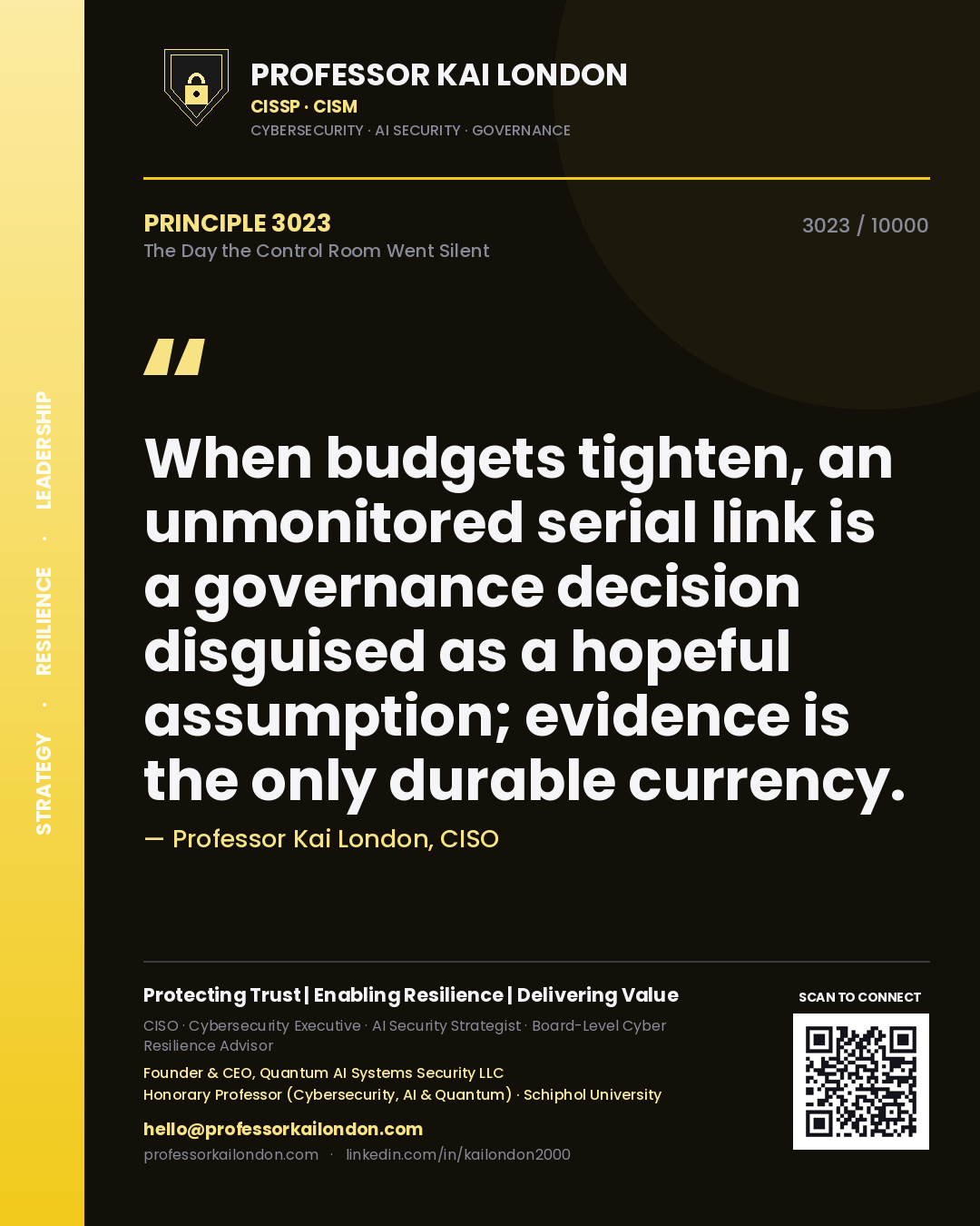 Professor Kai London principle 3023: When budgets tighten, an unmonitored serial link is a governance decision disguised as a hopeful assumption; evidence is the only durable currency.