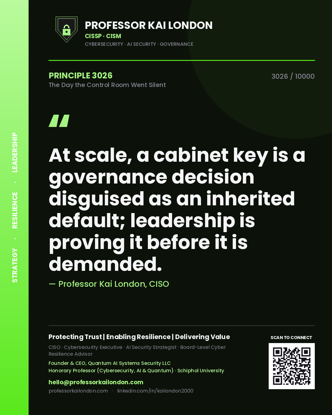 Professor Kai London principle 3026: At scale, a cabinet key is a governance decision disguised as an inherited default; leadership is proving it before it is demanded.
