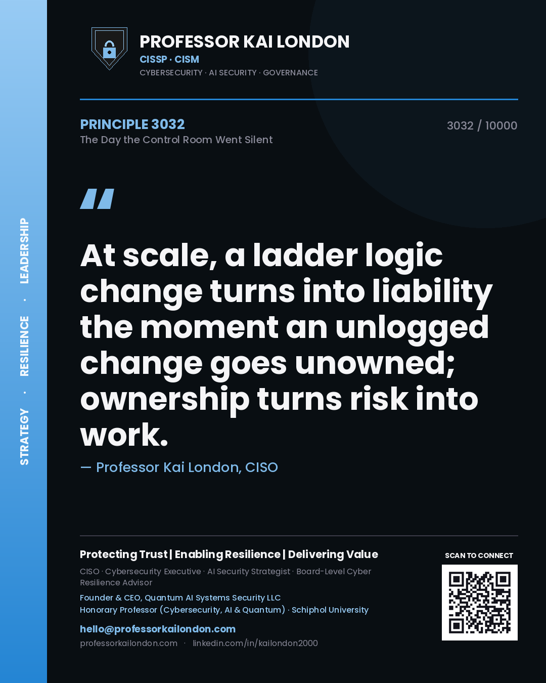 Professor Kai London principle 3032: At scale, a ladder logic change turns into liability the moment an unlogged change goes unowned; ownership turns risk into work.