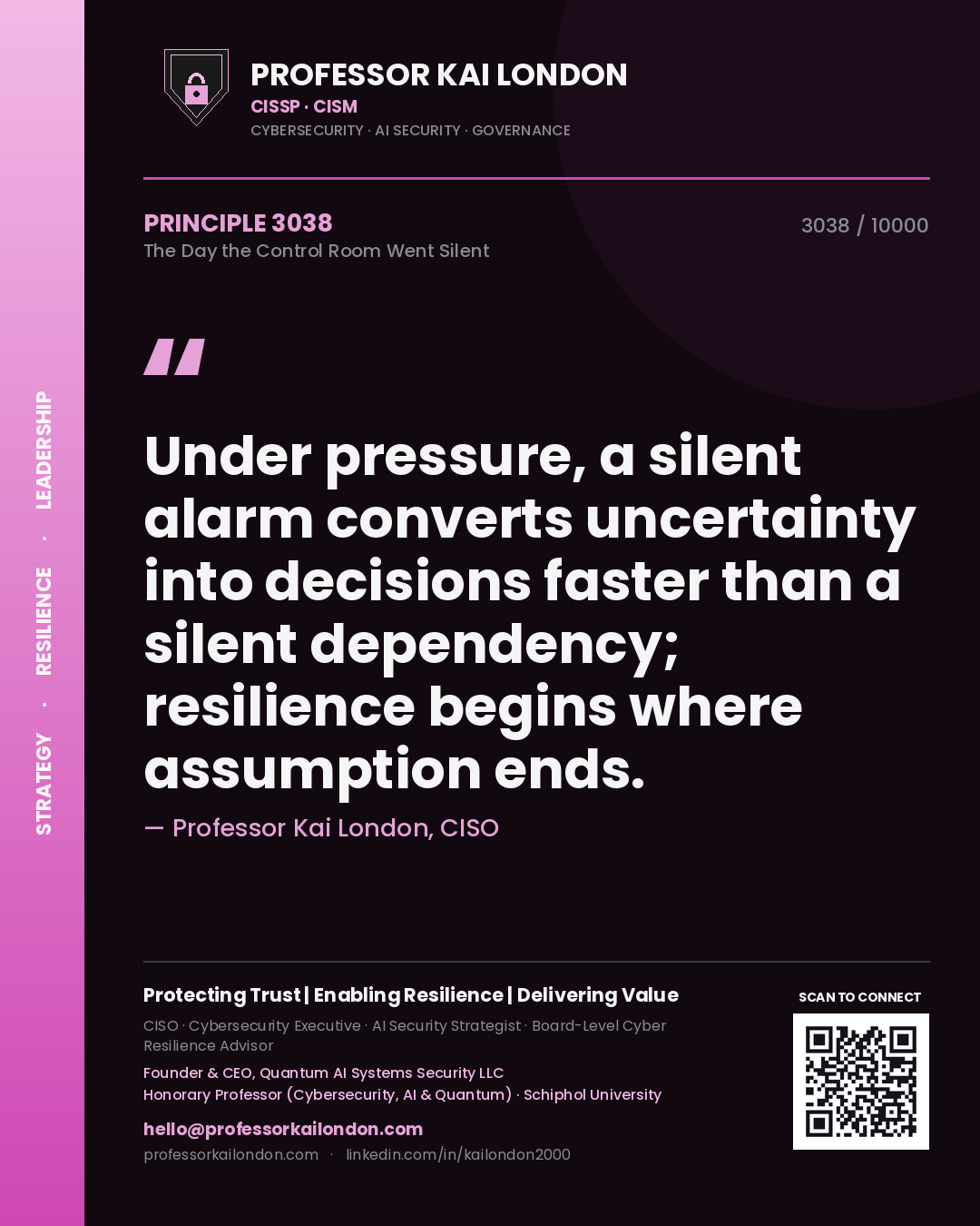 Professor Kai London principle 3038: Under pressure, a silent alarm converts uncertainty into decisions faster than a silent dependency; resilience begins where assumption ends.
