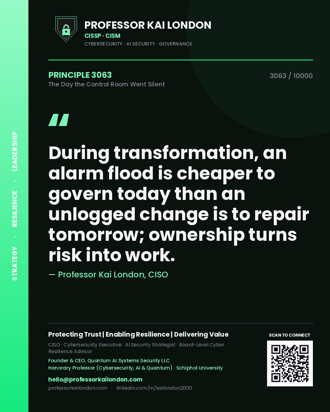 Professor Kai London principle 3063: During transformation, an alarm flood is cheaper to govern today than an unlogged change is to repair tomorrow; ownership turns risk into work.