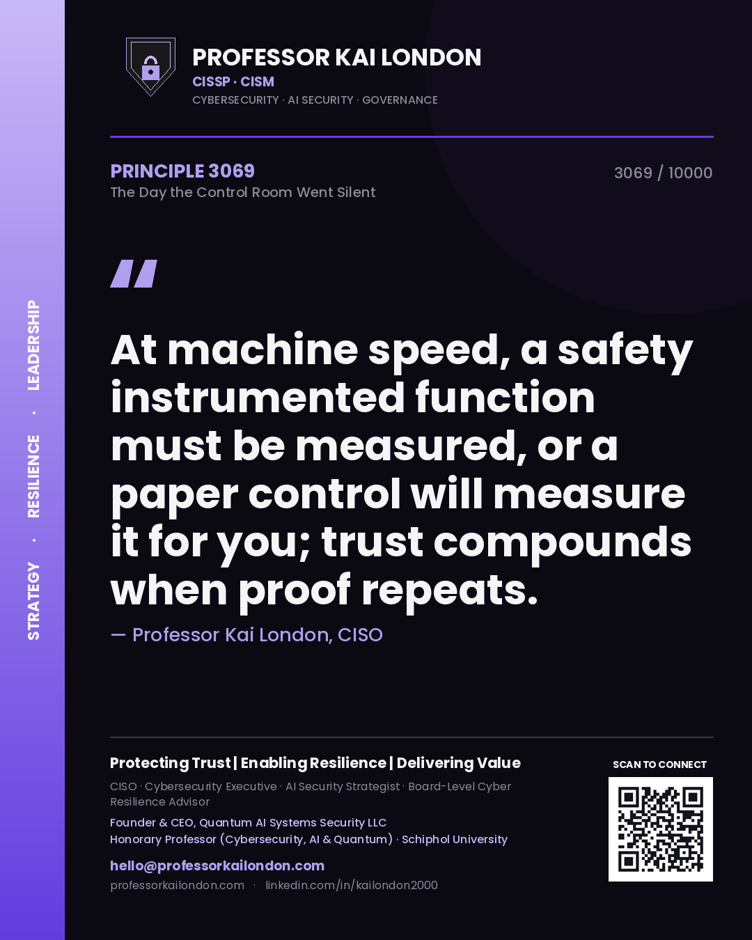 Professor Kai London principle 3069: At machine speed, a safety instrumented function must be measured, or a paper control will measure it for you; trust compounds when proof repeats.