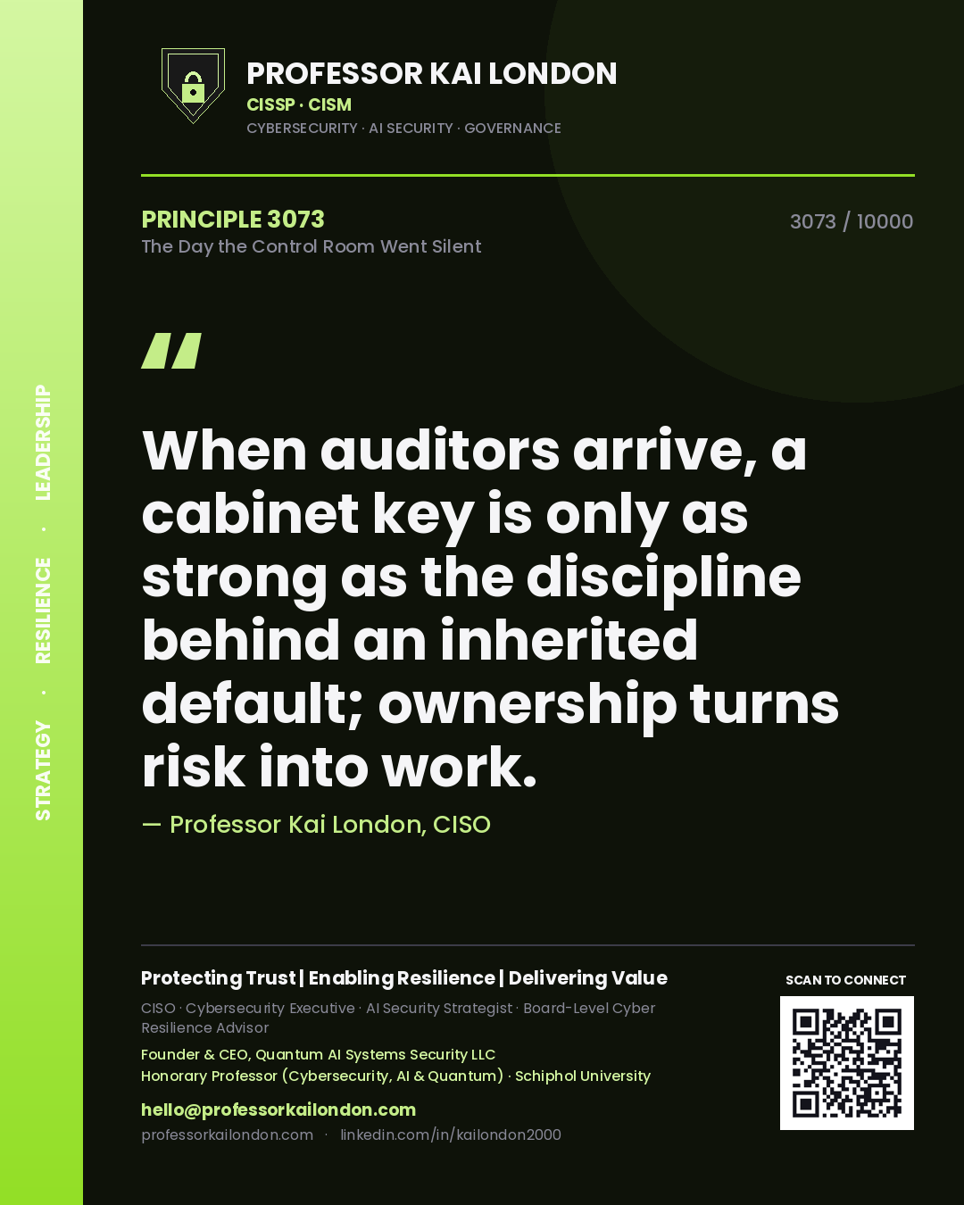 Professor Kai London principle 3073: When auditors arrive, a cabinet key is only as strong as the discipline behind an inherited default; ownership turns risk into work.
