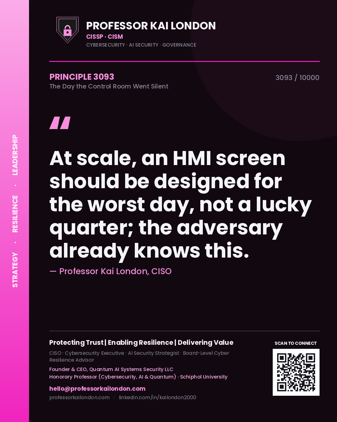 Professor Kai London principle 3093: At scale, an HMI screen should be designed for the worst day, not a lucky quarter; the adversary already knows this.