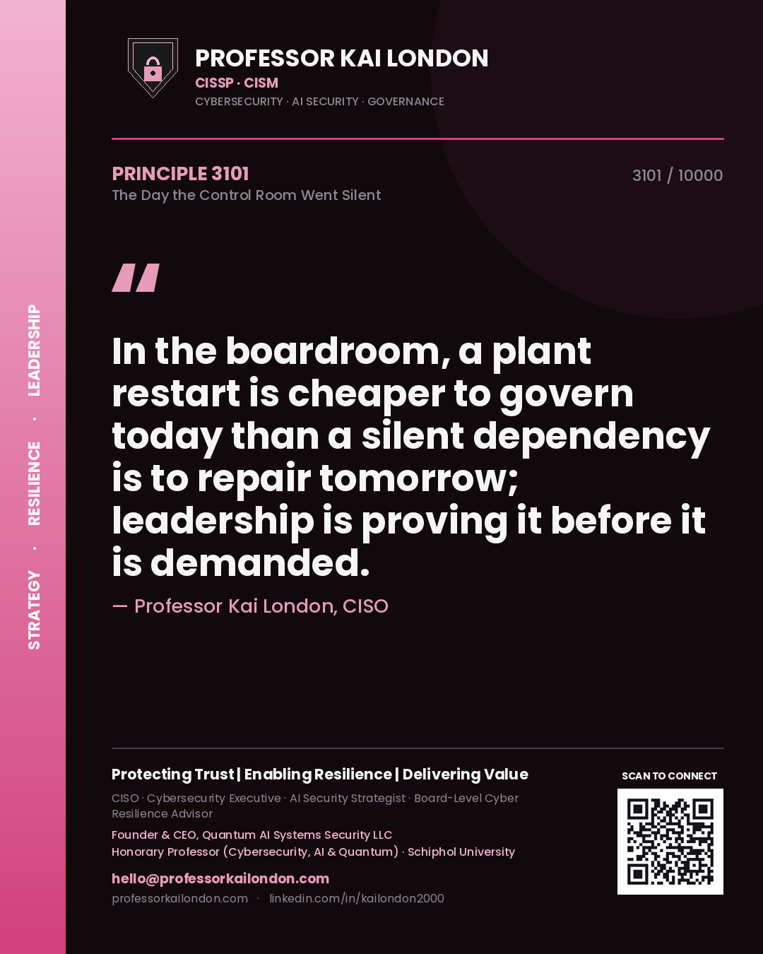 Professor Kai London principle 3101: In the boardroom, a plant restart is cheaper to govern today than a silent dependency is to repair tomorrow; leadership is proving it before it is demanded.
