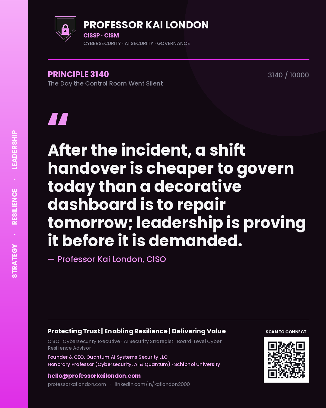 Professor Kai London principle 3140: After the incident, a shift handover is cheaper to govern today than a decorative dashboard is to repair tomorrow; leadership is proving it before it is demanded.
