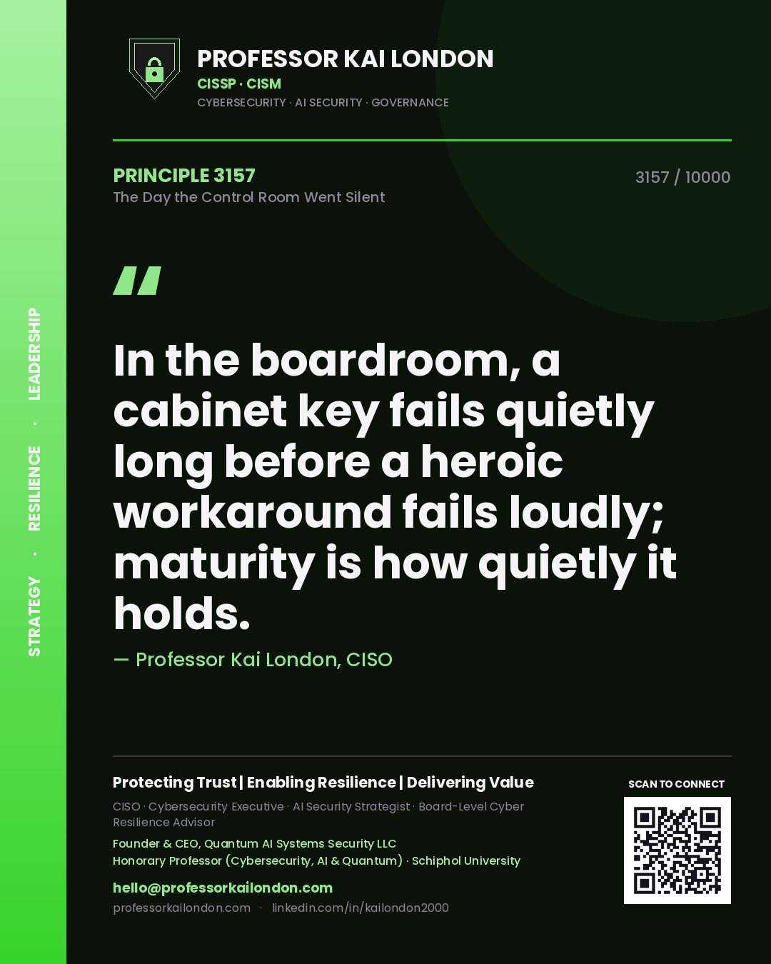 Professor Kai London principle 3157: In the boardroom, a cabinet key fails quietly long before a heroic workaround fails loudly; maturity is how quietly it holds.