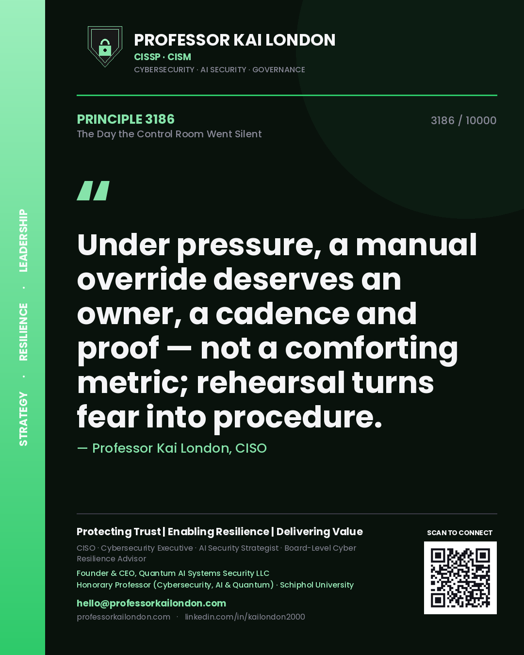 Professor Kai London principle 3186: Under pressure, a manual override deserves an owner, a cadence and proof — not a comforting metric; rehearsal turns fear into procedure.