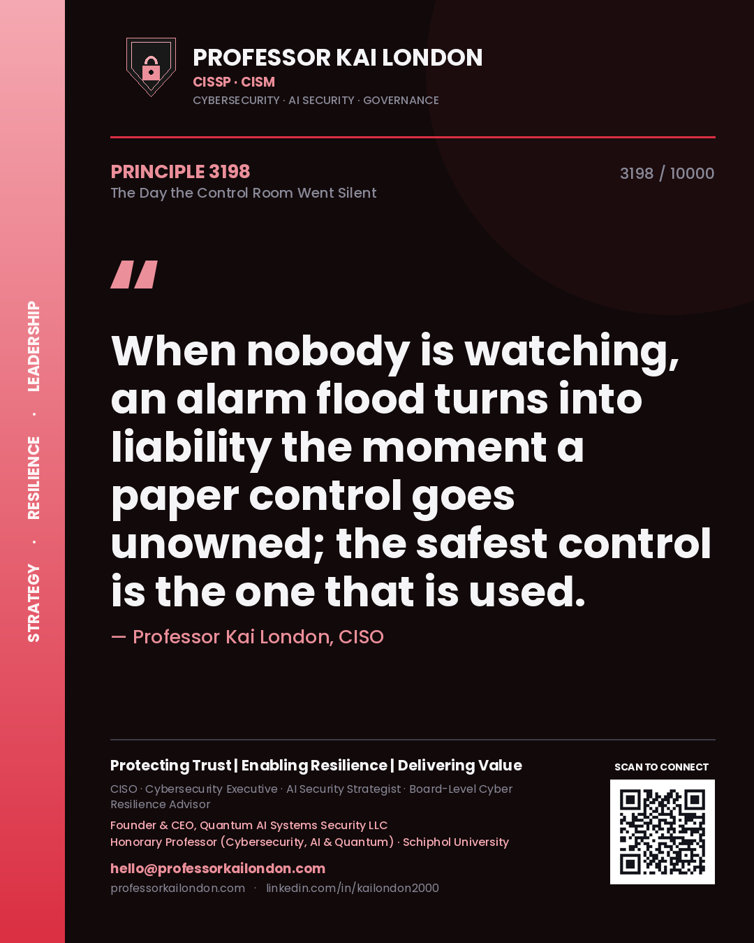 Professor Kai London principle 3198: When nobody is watching, an alarm flood turns into liability the moment a paper control goes unowned; the safest control is the one that is used.