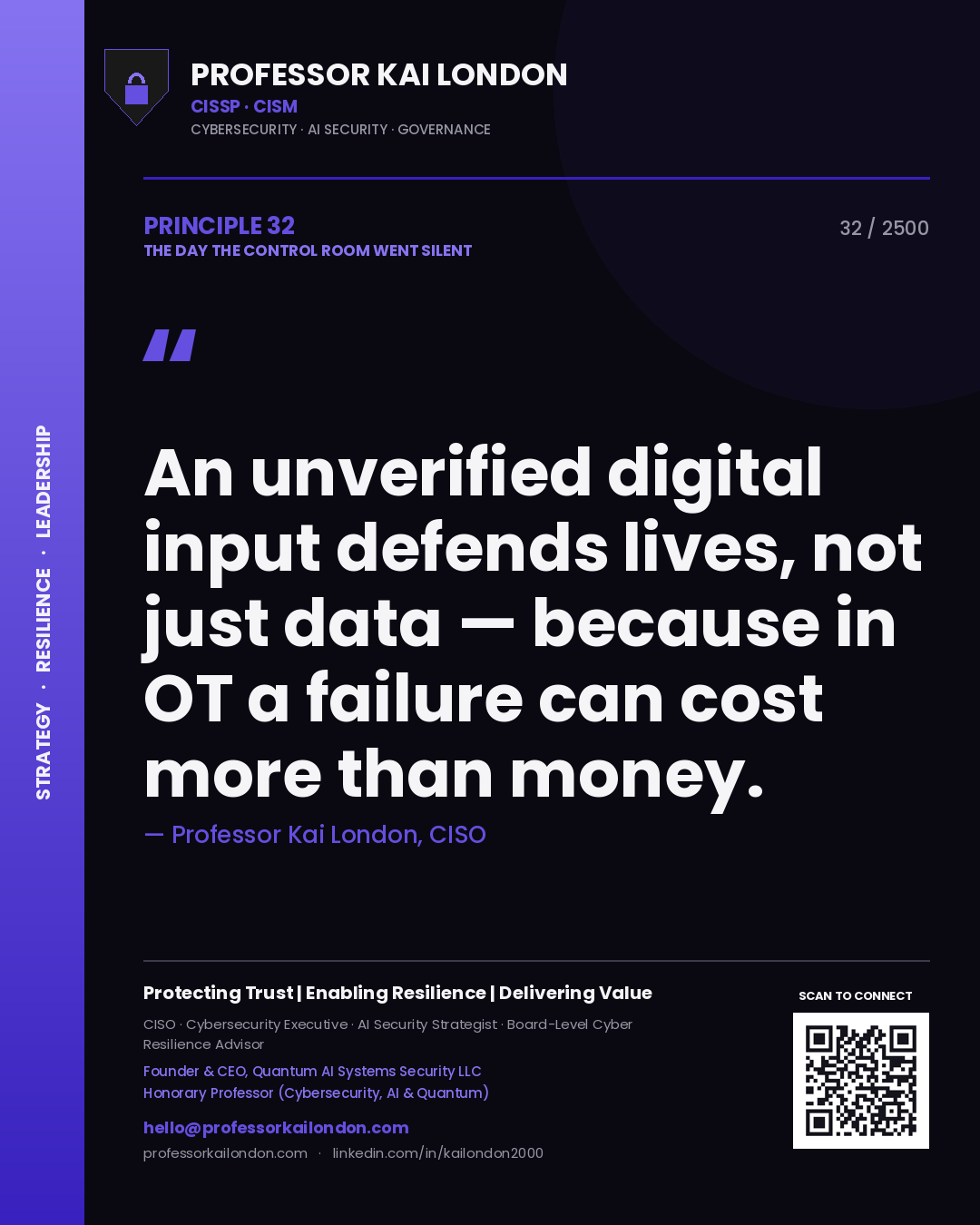 Professor Kai London principle 32: An unverified digital input defends lives, not just data — because in OT a failure can cost more than money.