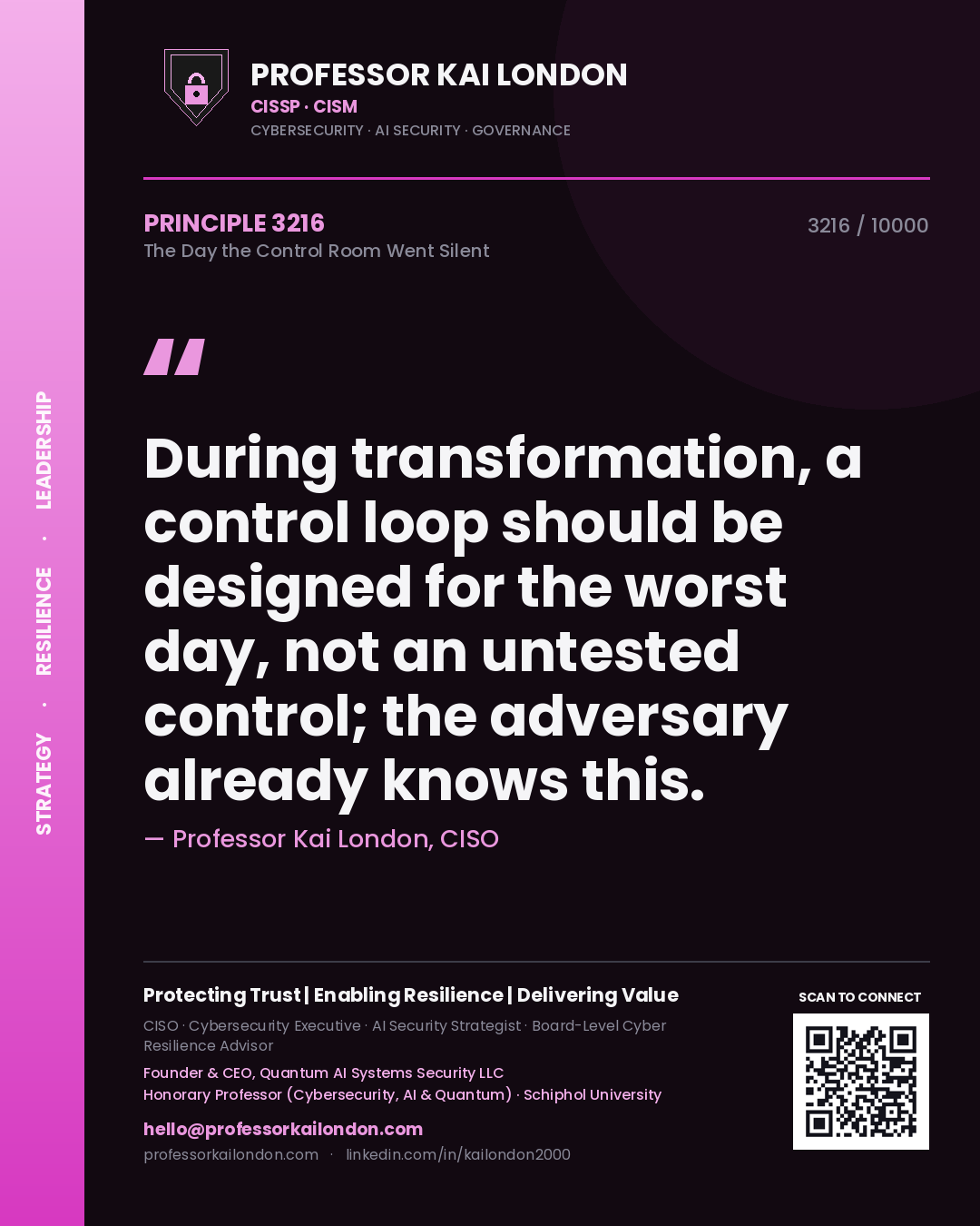 Professor Kai London principle 3216: During transformation, a control loop should be designed for the worst day, not an untested control; the adversary already knows this.