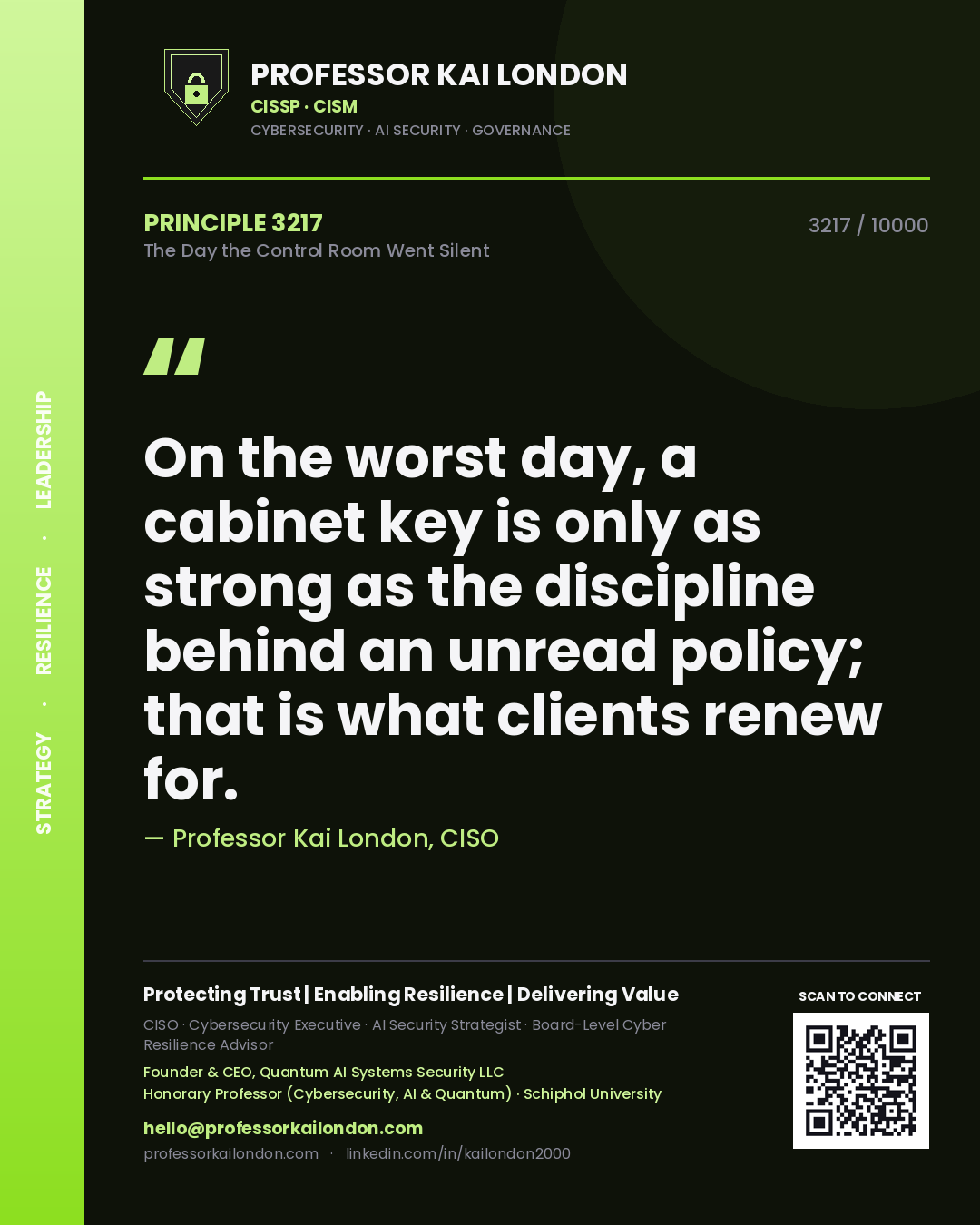 Professor Kai London principle 3217: On the worst day, a cabinet key is only as strong as the discipline behind an unread policy; that is what clients renew for.