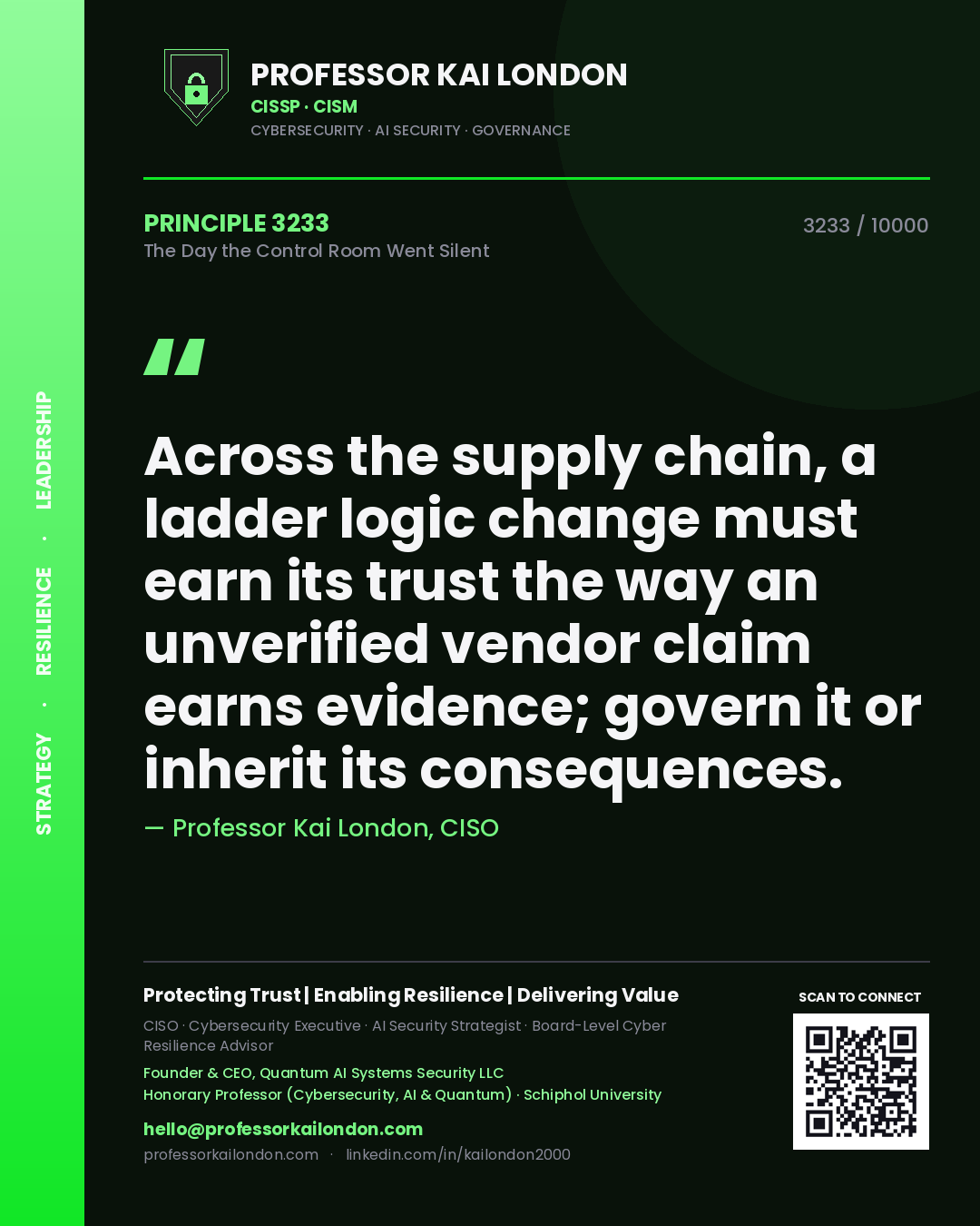 Professor Kai London principle 3233: Across the supply chain, a ladder logic change must earn its trust the way an unverified vendor claim earns evidence; govern it or inherit its consequences.