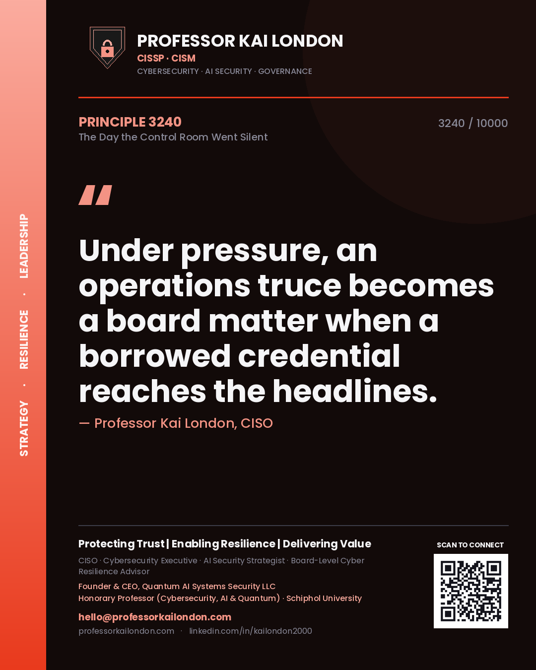 Professor Kai London principle 3240: Under pressure, an operations truce becomes a board matter when a borrowed credential reaches the headlines.