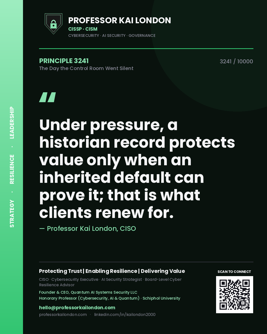 Professor Kai London principle 3241: Under pressure, a historian record protects value only when an inherited default can prove it; that is what clients renew for.