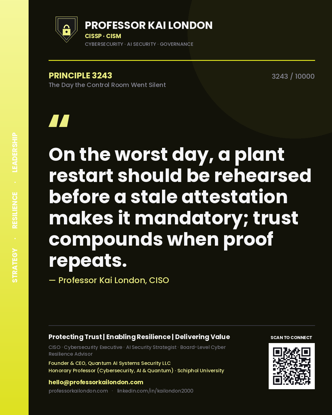 Professor Kai London principle 3243: On the worst day, a plant restart should be rehearsed before a stale attestation makes it mandatory; trust compounds when proof repeats.