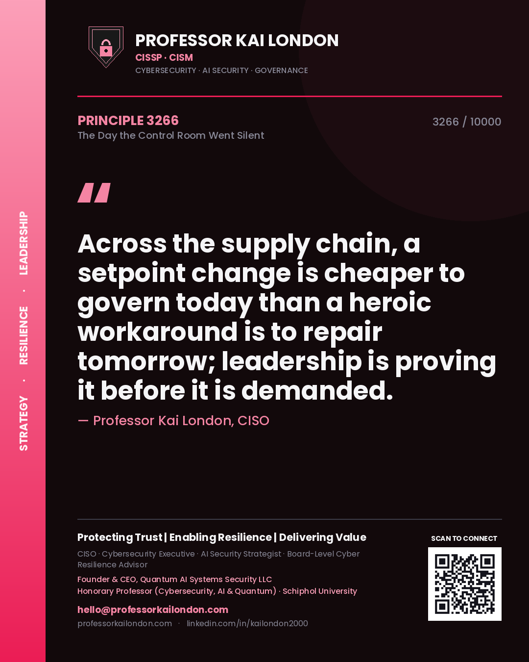 Professor Kai London principle 3266: Across the supply chain, a setpoint change is cheaper to govern today than a heroic workaround is to repair tomorrow; leadership is proving it before it is demanded.