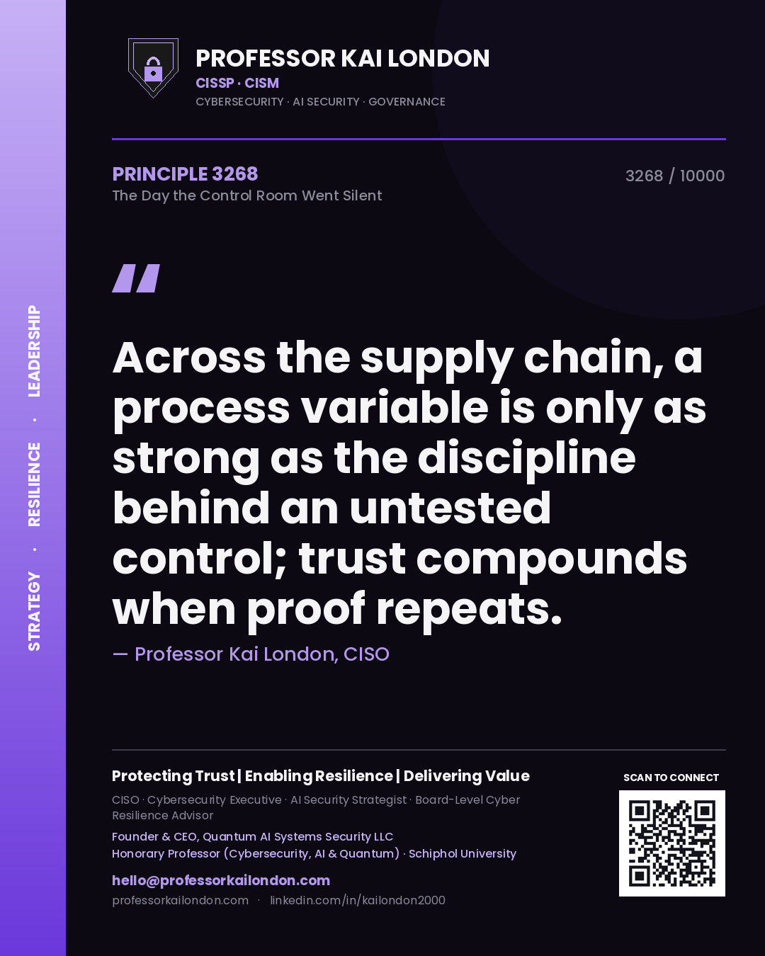 Professor Kai London principle 3268: Across the supply chain, a process variable is only as strong as the discipline behind an untested control; trust compounds when proof repeats.