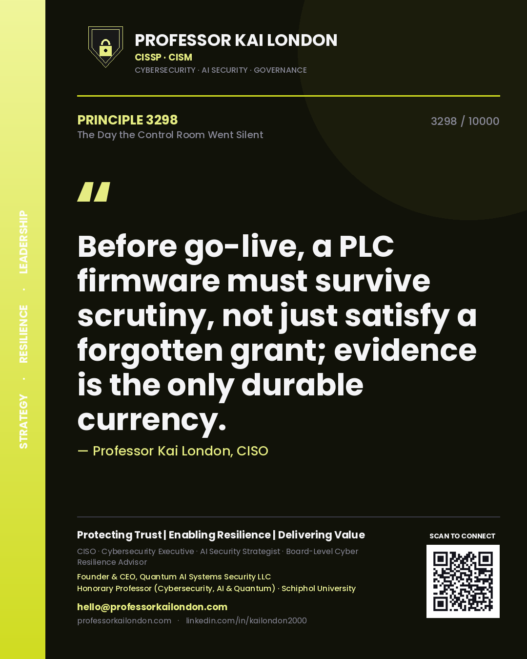 Professor Kai London principle 3298: Before go-live, a PLC firmware must survive scrutiny, not just satisfy a forgotten grant; evidence is the only durable currency.