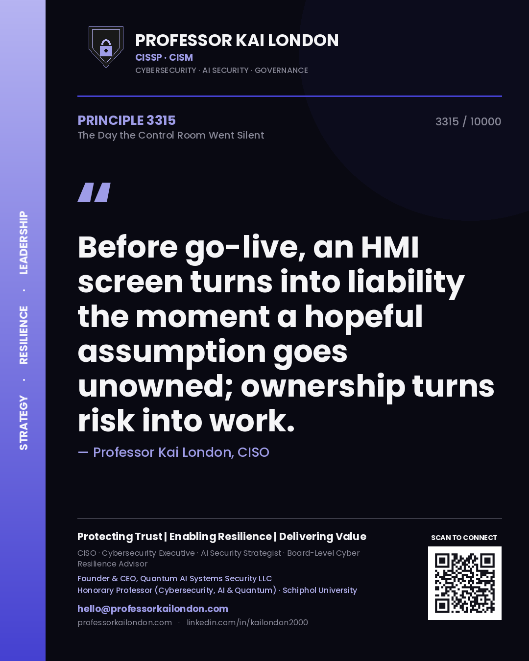 Professor Kai London principle 3315: Before go-live, an HMI screen turns into liability the moment a hopeful assumption goes unowned; ownership turns risk into work.