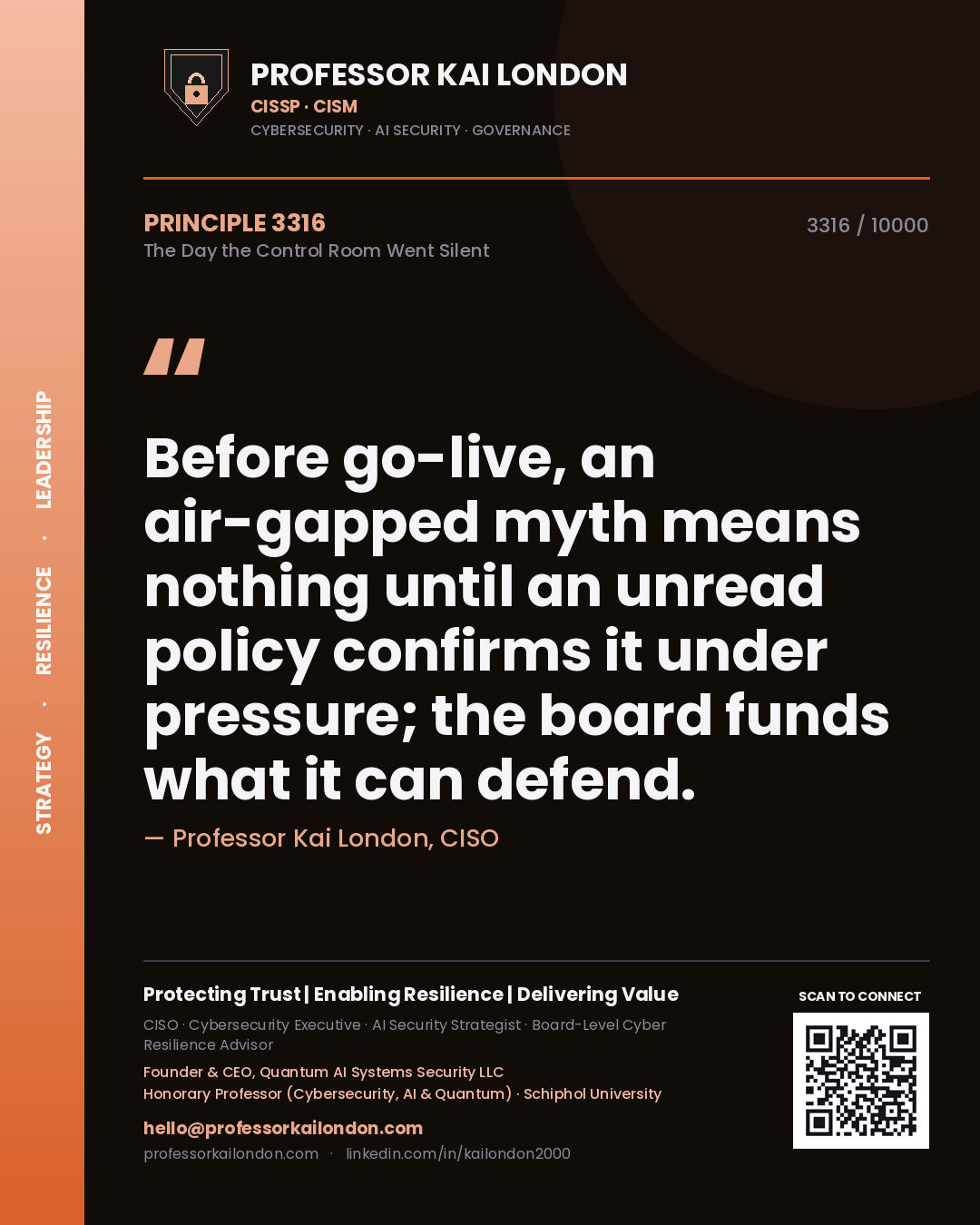 Professor Kai London principle 3316: Before go-live, an air-gapped myth means nothing until an unread policy confirms it under pressure; the board funds what it can defend.
