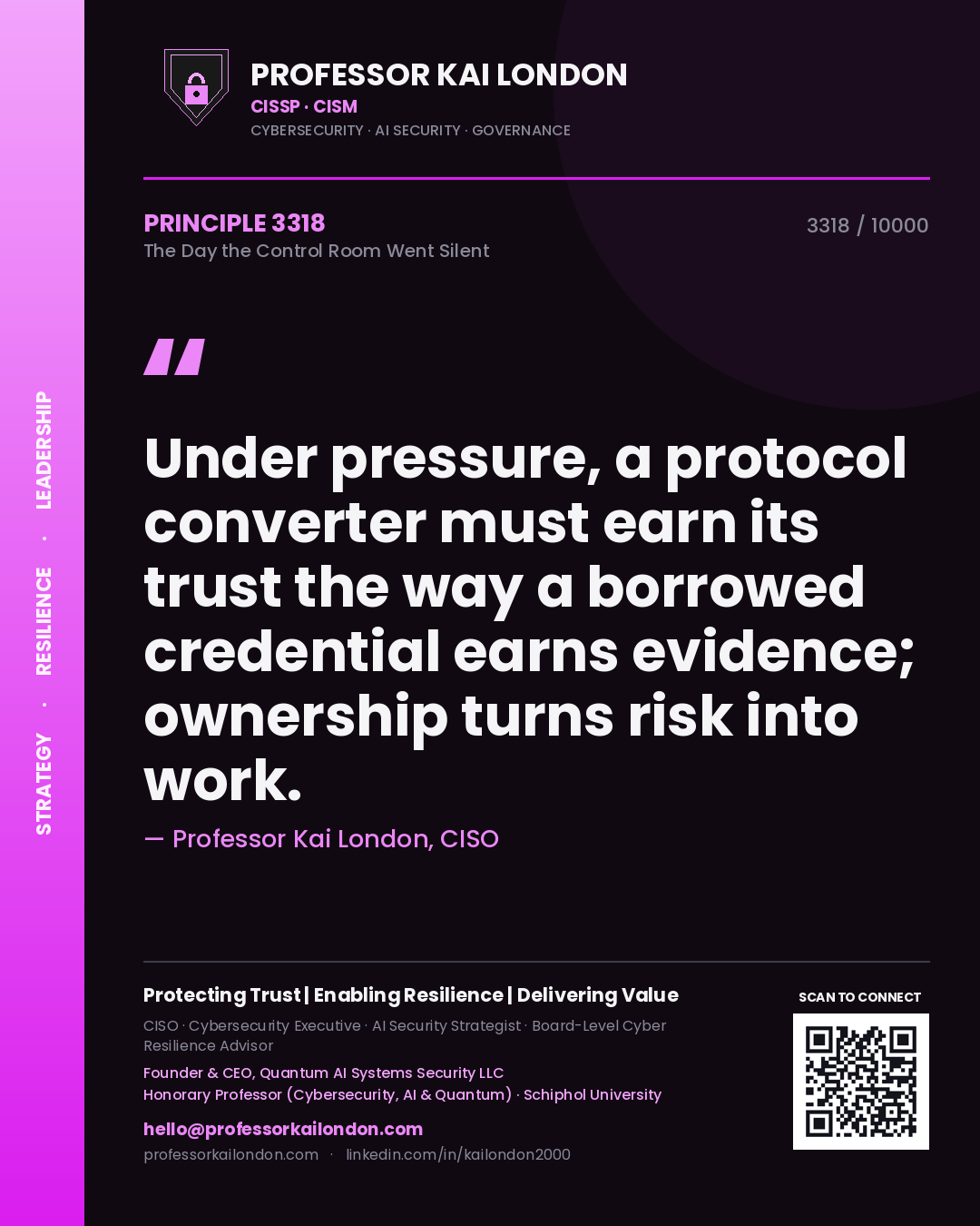 Professor Kai London principle 3318: Under pressure, a protocol converter must earn its trust the way a borrowed credential earns evidence; ownership turns risk into work.