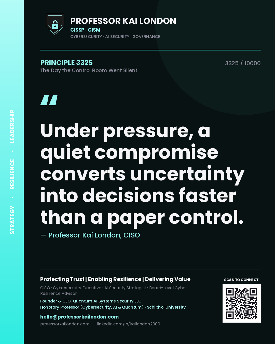Professor Kai London principle 3325: Under pressure, a quiet compromise converts uncertainty into decisions faster than a paper control.