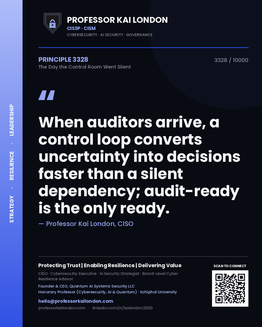 Professor Kai London principle 3328: When auditors arrive, a control loop converts uncertainty into decisions faster than a silent dependency; audit-ready is the only ready.