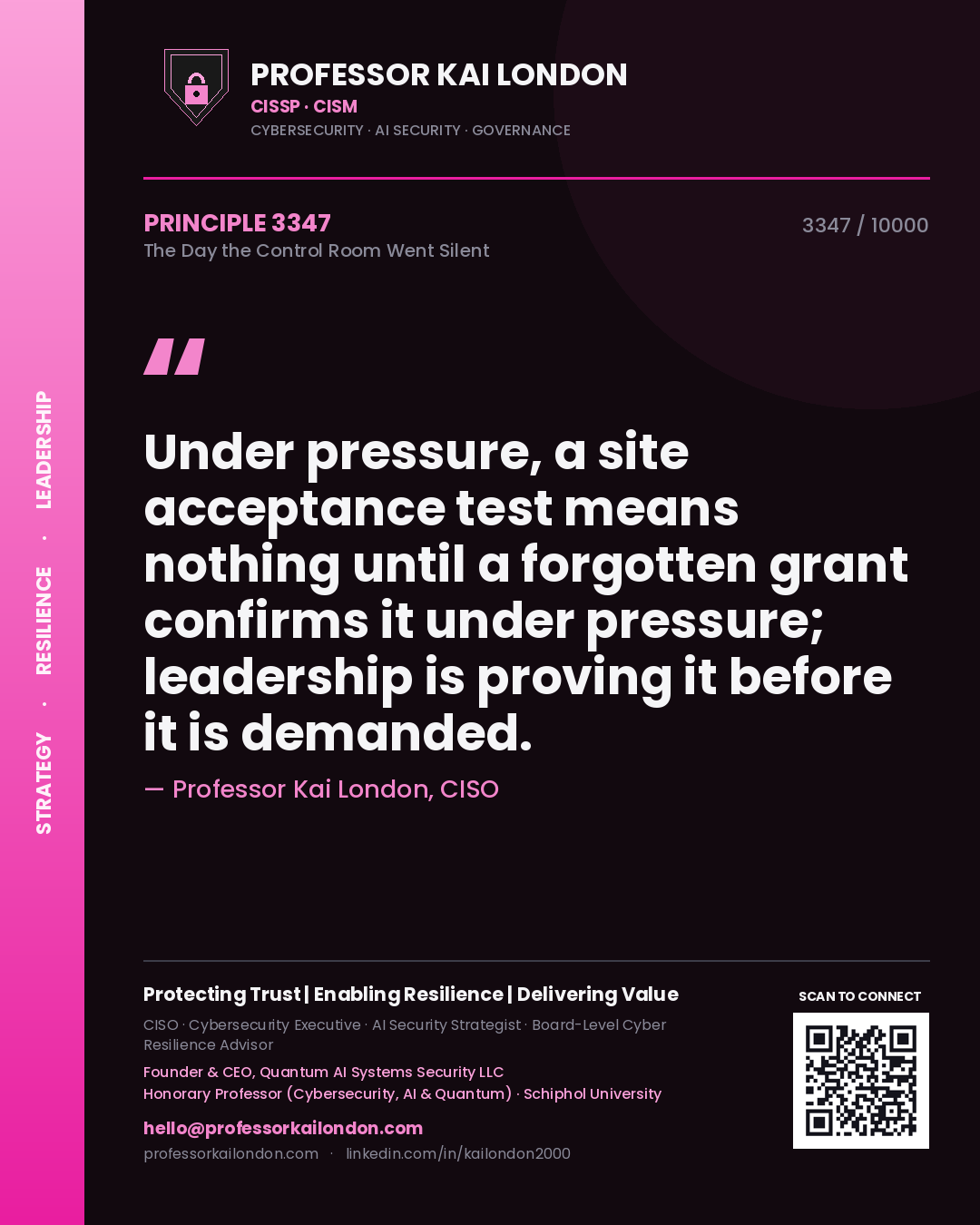 Professor Kai London principle 3347: Under pressure, a site acceptance test means nothing until a forgotten grant confirms it under pressure; leadership is proving it before it is demanded.