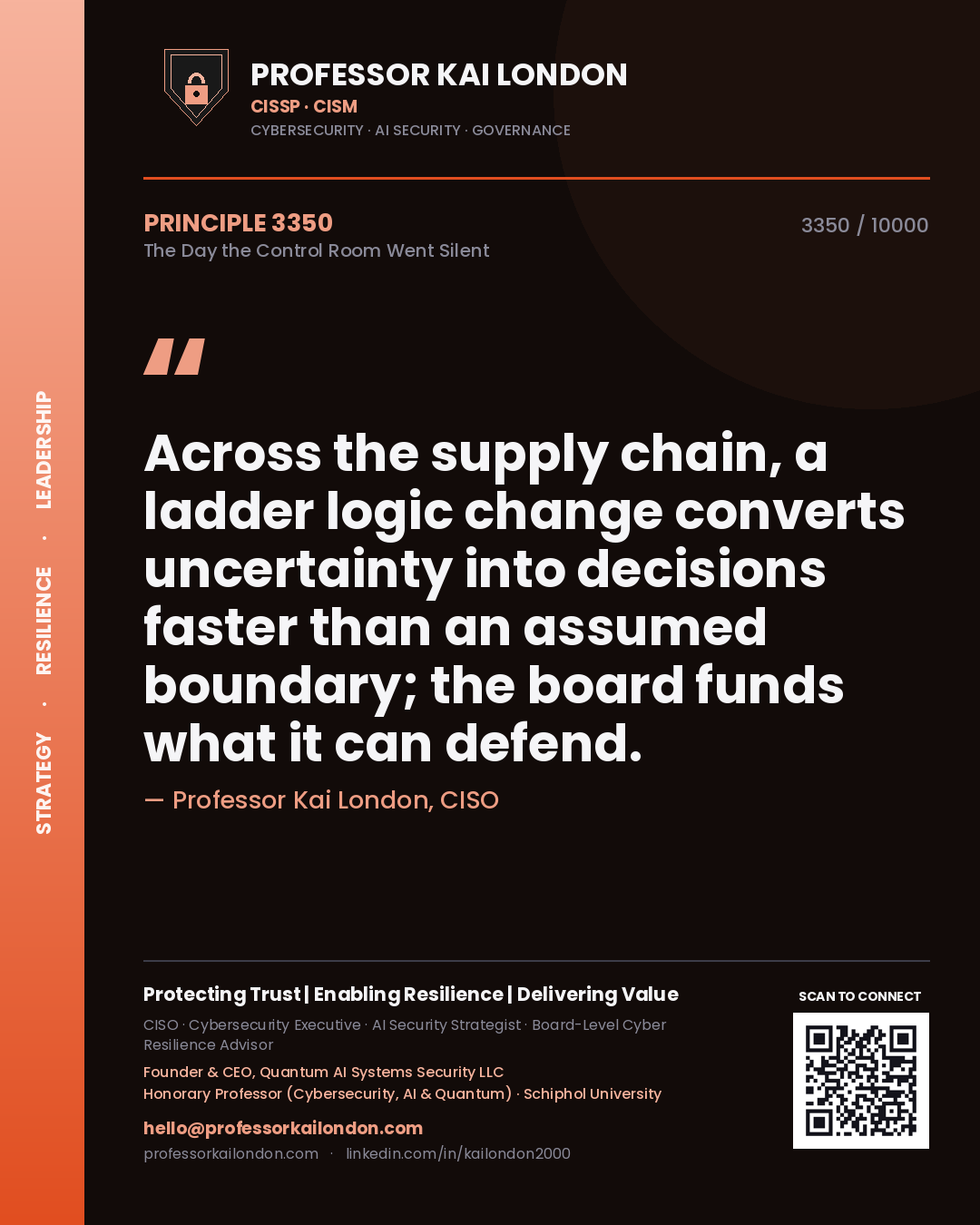 Professor Kai London principle 3350: Across the supply chain, a ladder logic change converts uncertainty into decisions faster than an assumed boundary; the board funds what it can defend.
