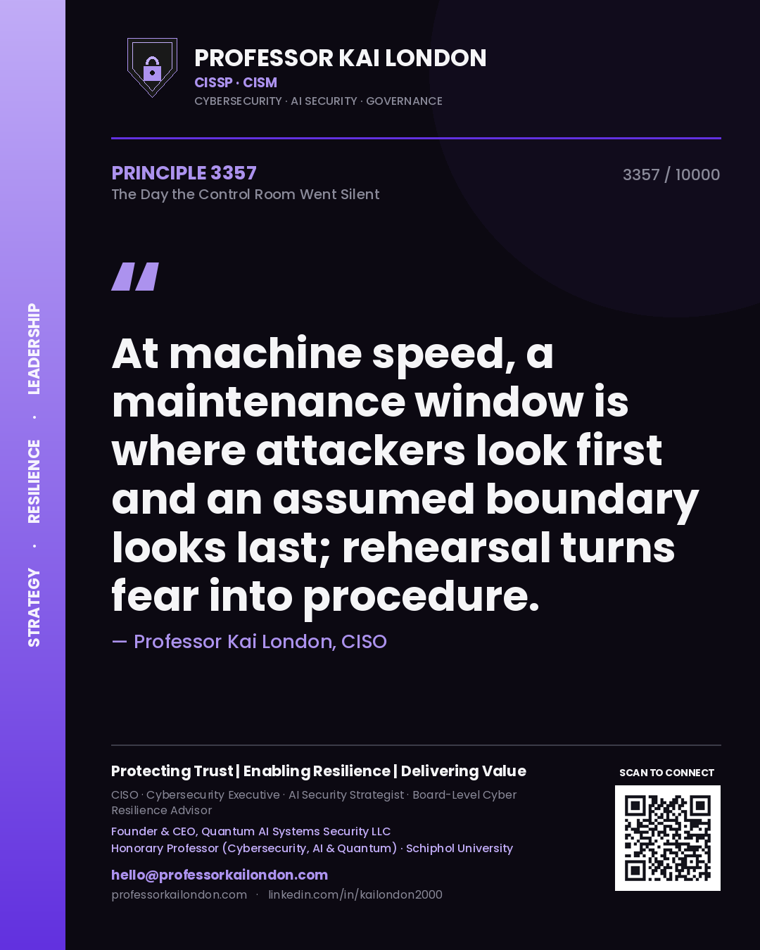 Professor Kai London principle 3357: At machine speed, a maintenance window is where attackers look first and an assumed boundary looks last; rehearsal turns fear into procedure.