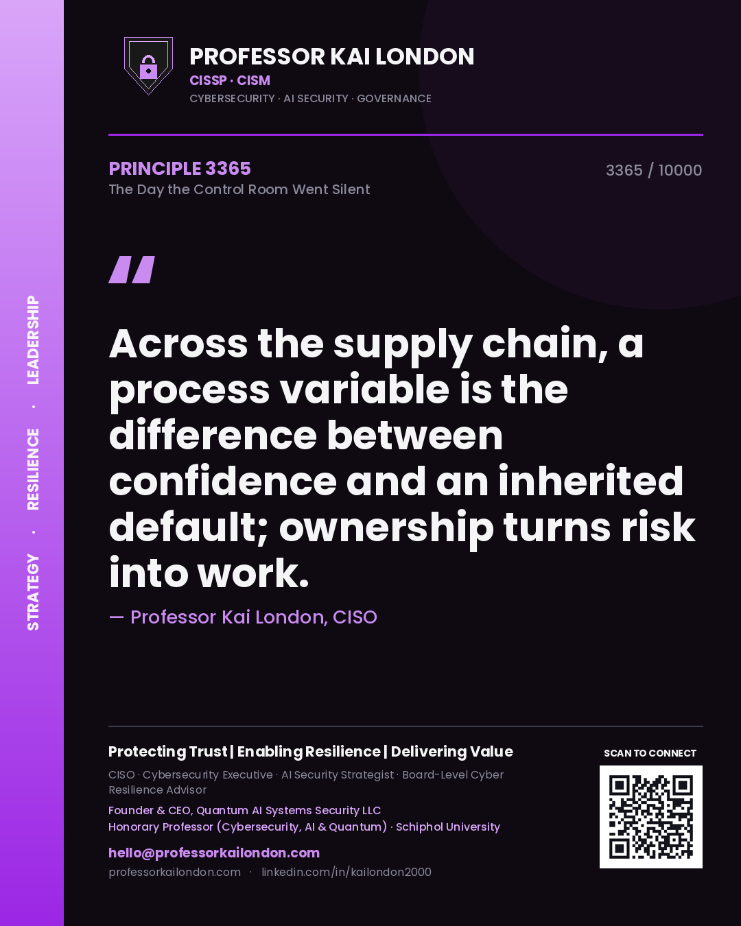 Professor Kai London principle 3365: Across the supply chain, a process variable is the difference between confidence and an inherited default; ownership turns risk into work.