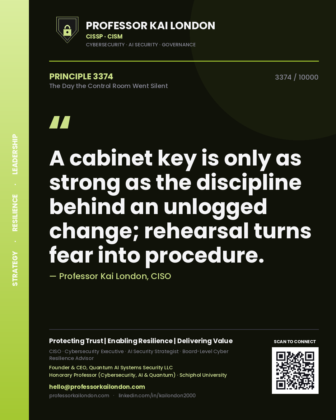Professor Kai London principle 3374: A cabinet key is only as strong as the discipline behind an unlogged change; rehearsal turns fear into procedure.