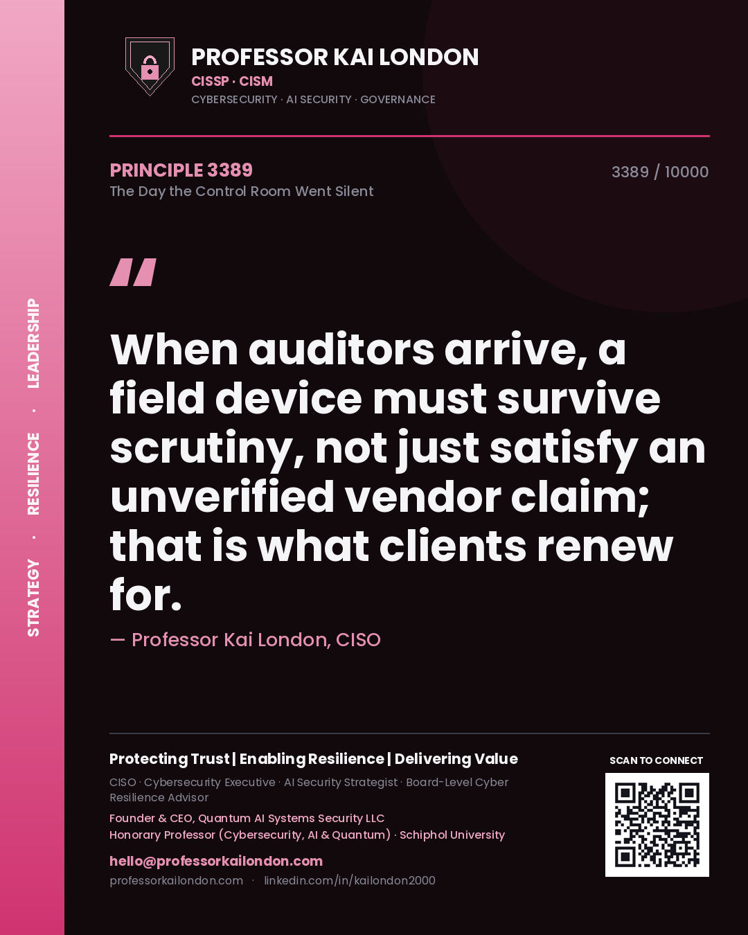 Professor Kai London principle 3389: When auditors arrive, a field device must survive scrutiny, not just satisfy an unverified vendor claim; that is what clients renew for.