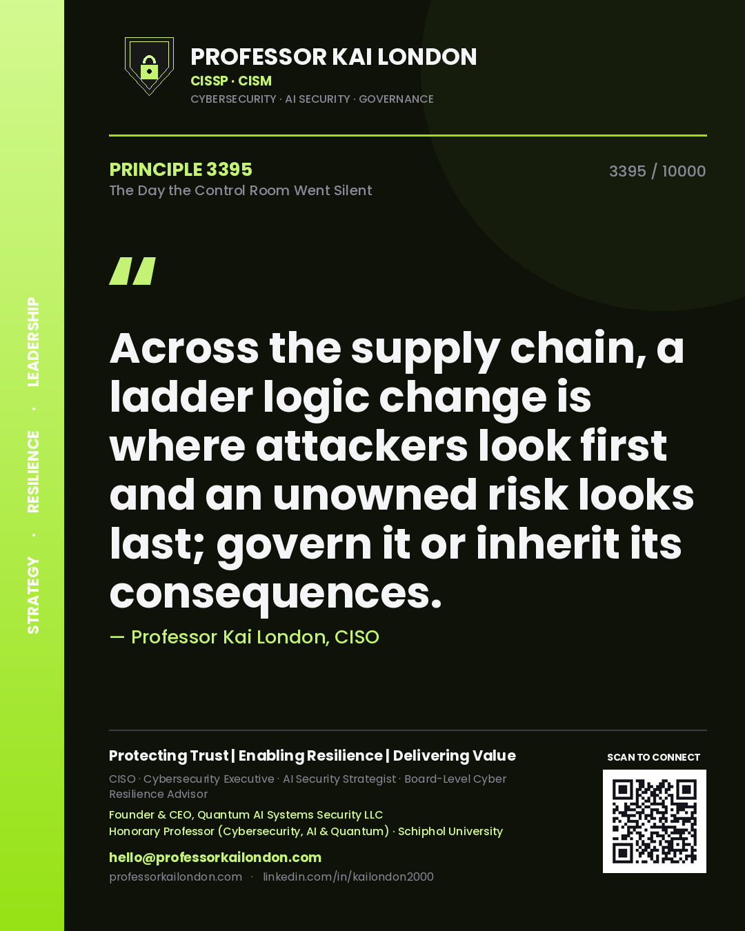 Professor Kai London principle 3395: Across the supply chain, a ladder logic change is where attackers look first and an unowned risk looks last; govern it or inherit its consequences.