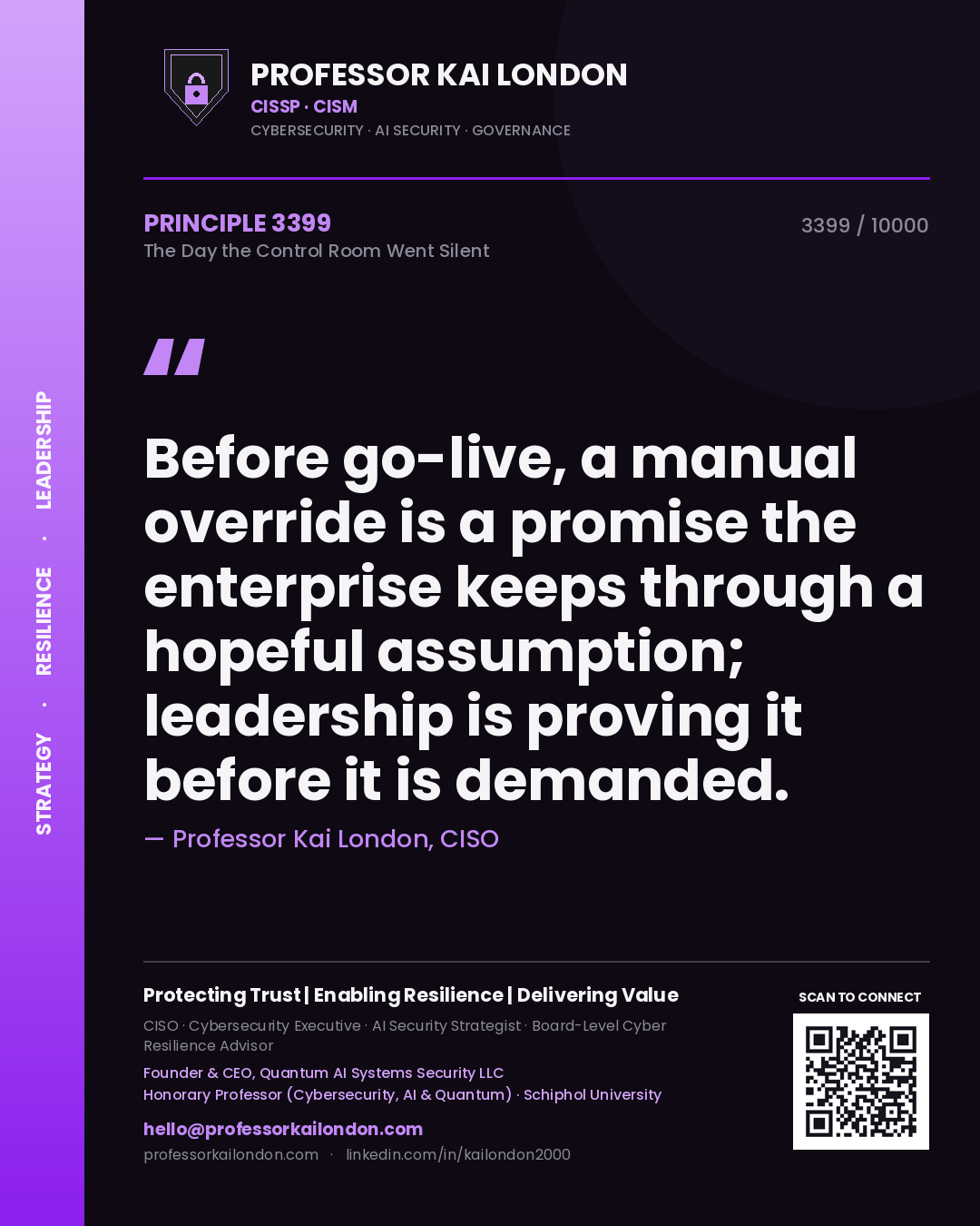 Professor Kai London principle 3399: Before go-live, a manual override is a promise the enterprise keeps through a hopeful assumption; leadership is proving it before it is demanded.