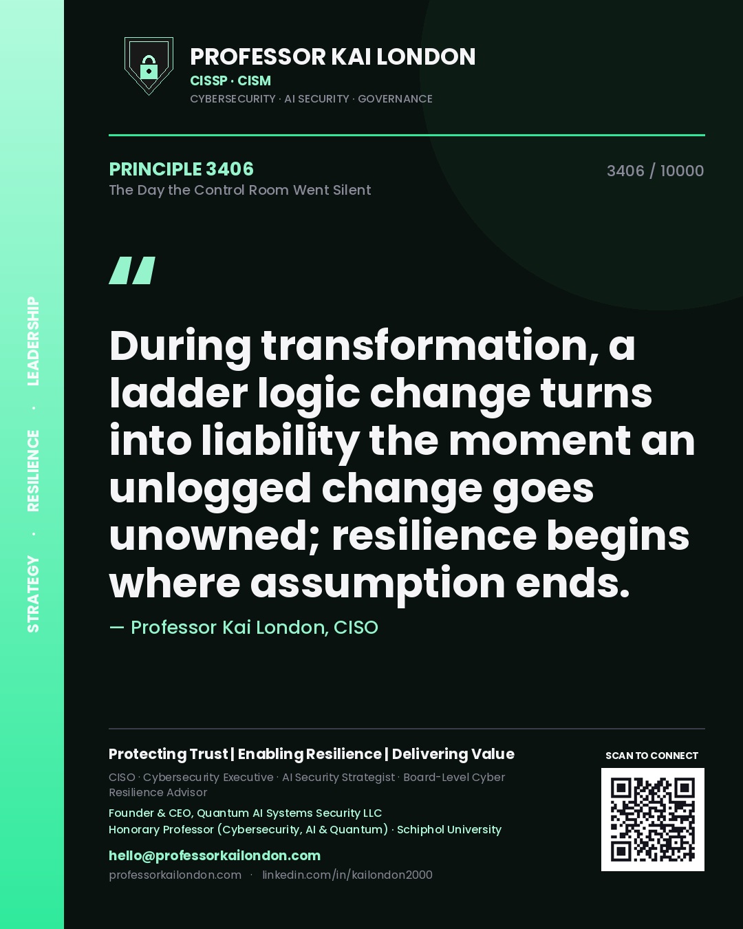 Professor Kai London principle 3406: During transformation, a ladder logic change turns into liability the moment an unlogged change goes unowned; resilience begins where assumption ends.