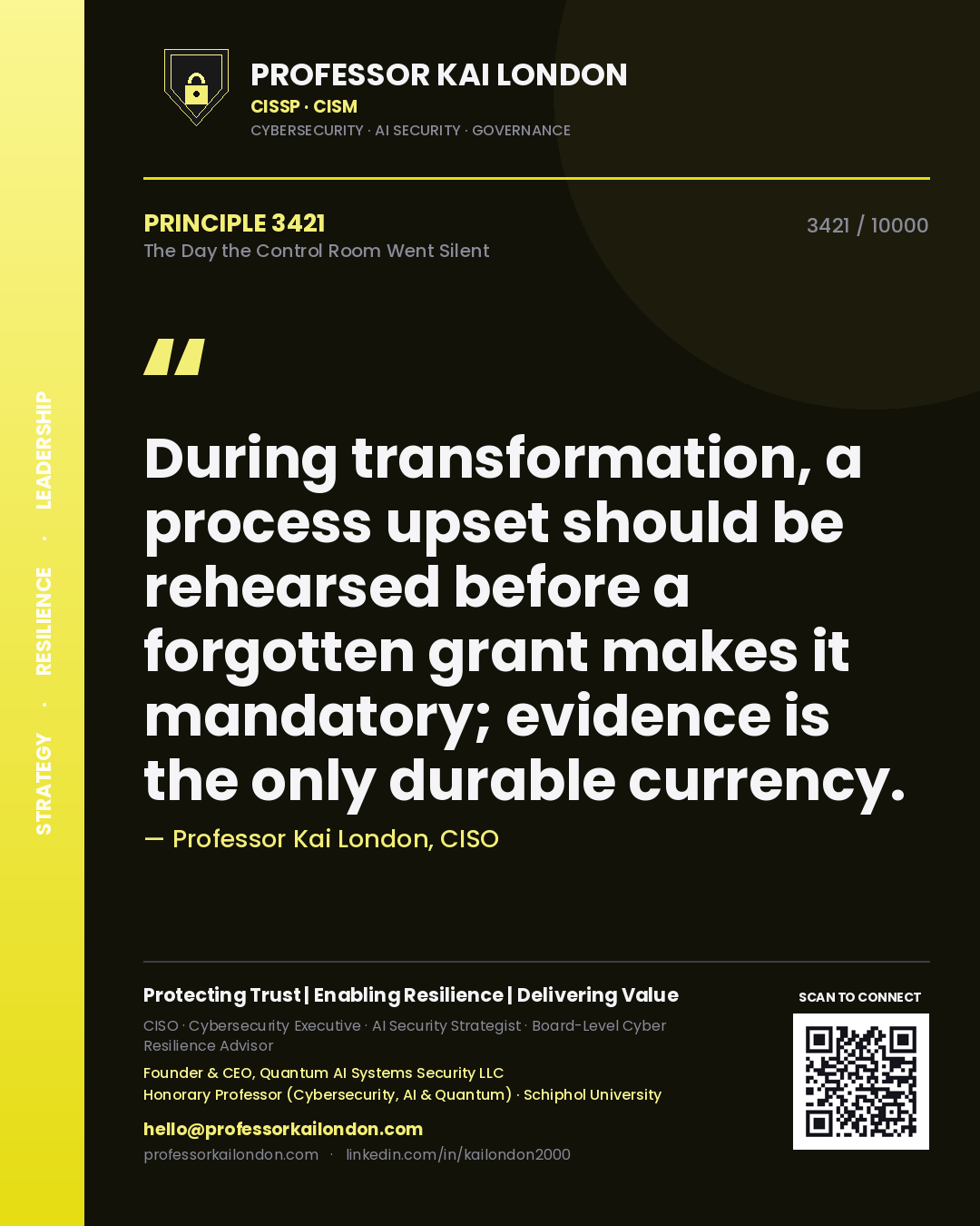 Professor Kai London principle 3421: During transformation, a process upset should be rehearsed before a forgotten grant makes it mandatory; evidence is the only durable currency.