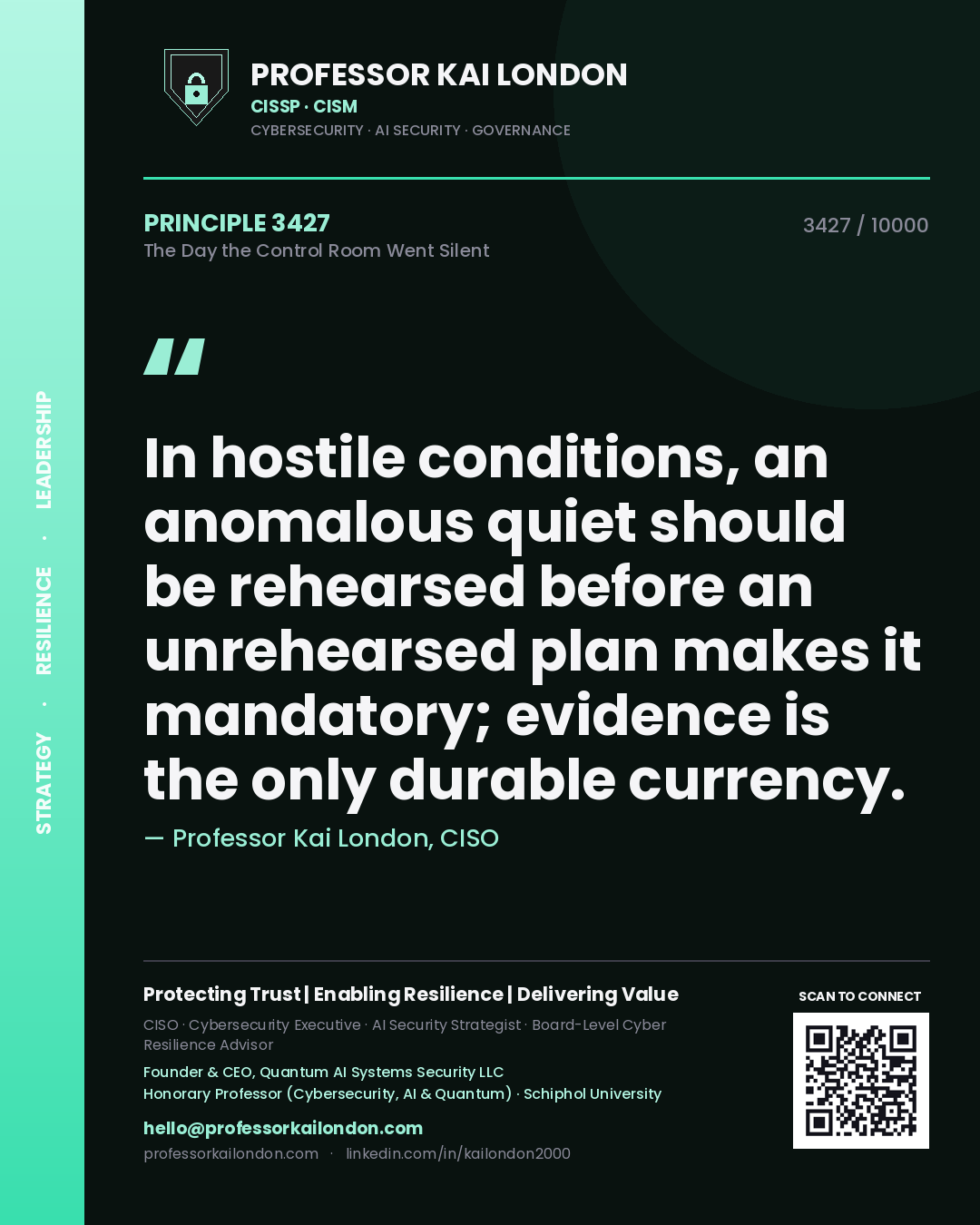 Professor Kai London principle 3427: In hostile conditions, an anomalous quiet should be rehearsed before an unrehearsed plan makes it mandatory; evidence is the only durable currency.